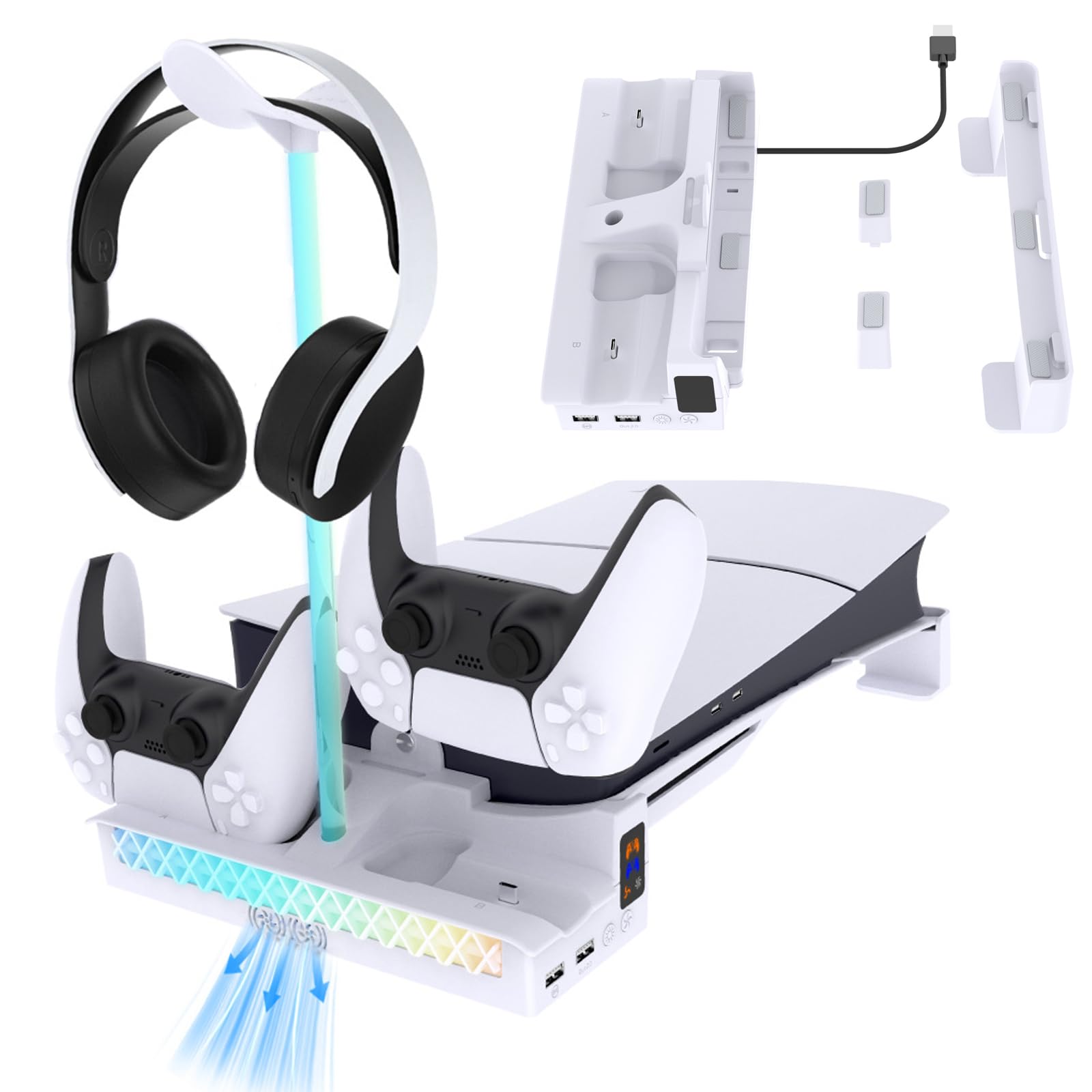 Supporto orizzontale sottile per PS5 Pro/PS5, staffa di raffreddamento con luci RGB e caricatore doppio controller
