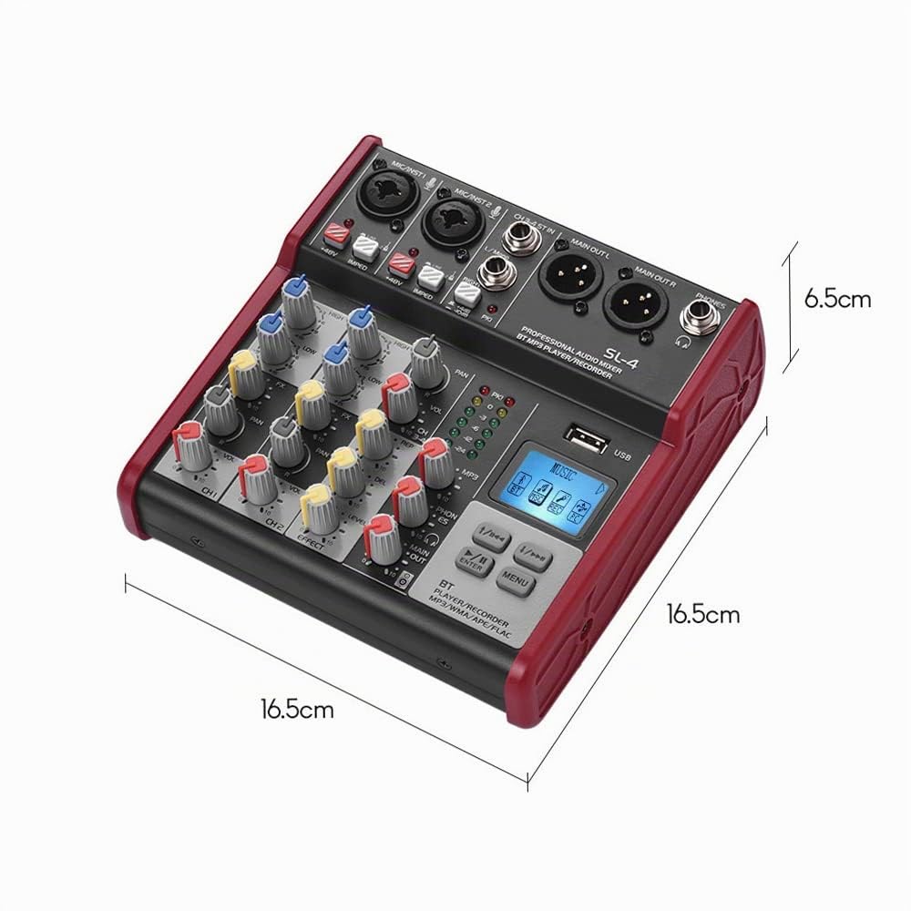 Btuty Consola de mezcla de 4 canales EQ de 2 bandas Alimentación fantasma de 48 V incorporada Admite conexión BT Reproductor de MP3 USB para grabar DJ Network Live Broadcast Karaoke