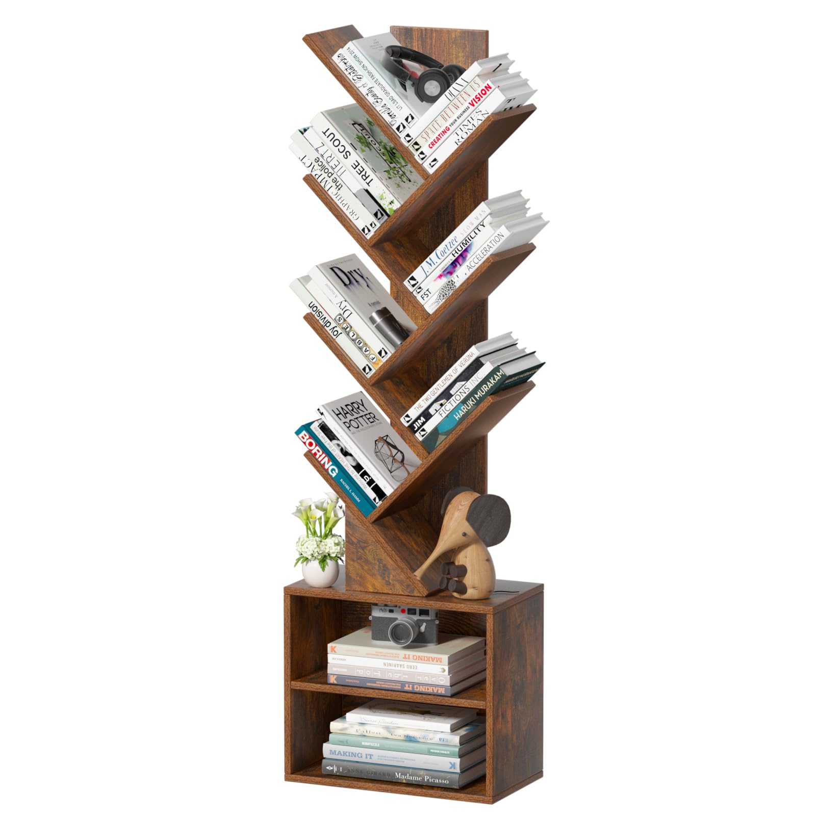 SHEEPAM 10 Tier Tree Bookshelf,Floor Standing Wood Tall Bookcase for Narrow Space, Storage Organizer Bookshelves for Books, Book Case for CDs/Movies/