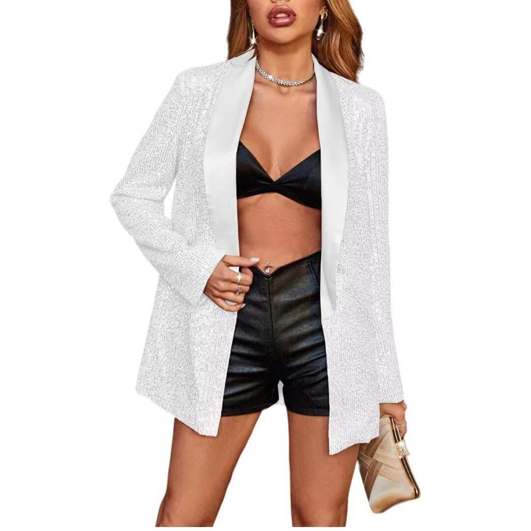 SAROULU Sequins Womens Blazer Sparkle Open Front Jacket Coats Trendy Casual Sparkly Glittery Party Coat Outerwear