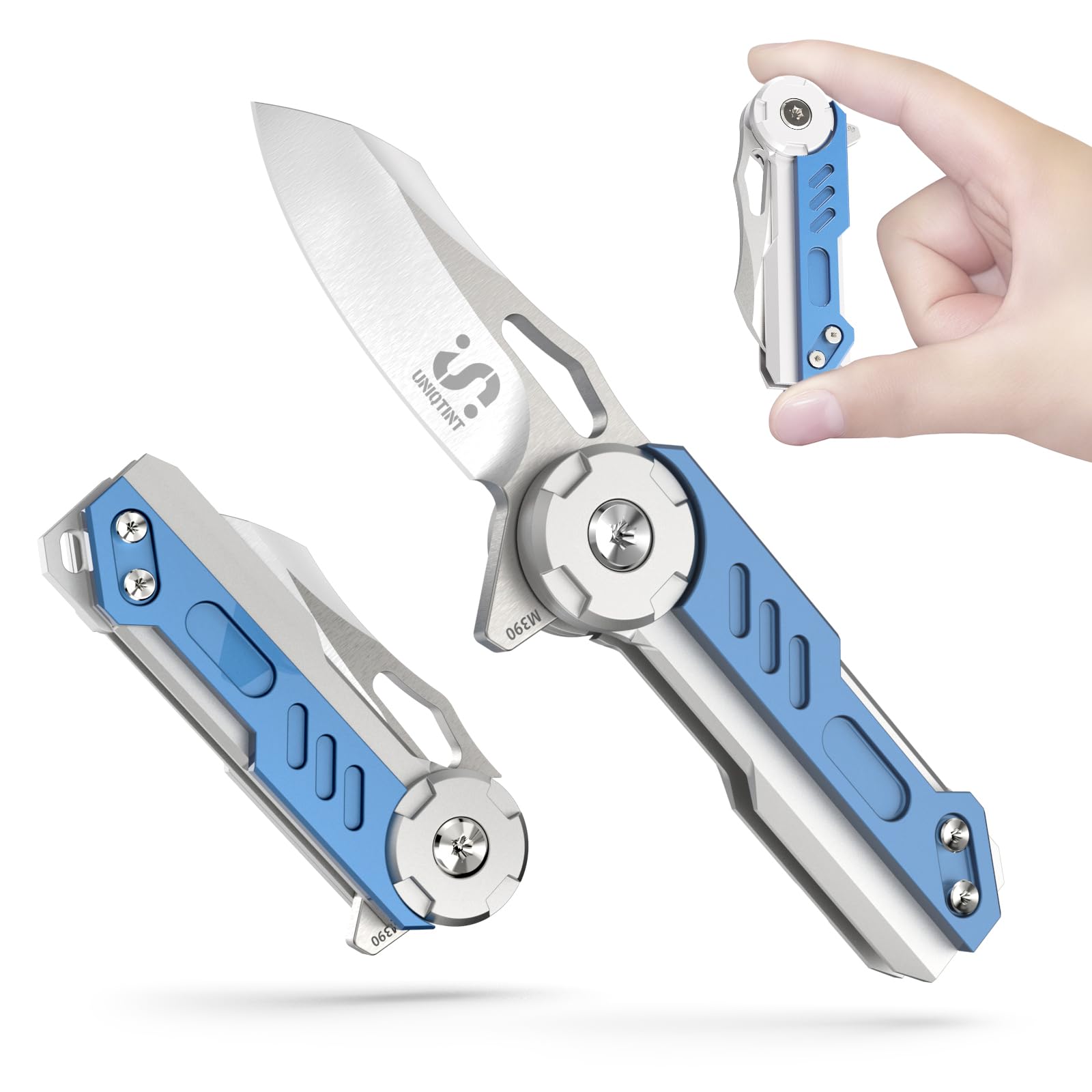 UNIQTINT Mini EDC Folding Gentlemen's Knife with Stainless Steel Handle, 2.4oz Pocket Flipper Knife with M390 Steel 1.8” Blade for Hunting, Camping, Outdoor (Blue-Silver)