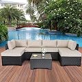 Lviden 7 Pieces Outdoor PE Wicker Furniture Set Patio Rattan Sectional Conversation Sofa Set with Khaki Cushions and Glass Top Table