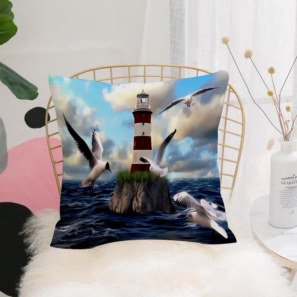 Hyosxw Seaside Lighthouse And Flying Bird - A7 Cushion Cover,Throw Pillow Case Home Decorative For Living Room Bedroom Sofa Chair 18X18 Inch,Seaside Lighthouse And Flying Bird,Pillowcase 45X45cm