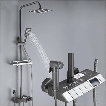 s, Luxury Grey Display Shower Faucet Set All Brass Rainfall Cold Hot Bathroom Tap Water Flow Produces Electricity