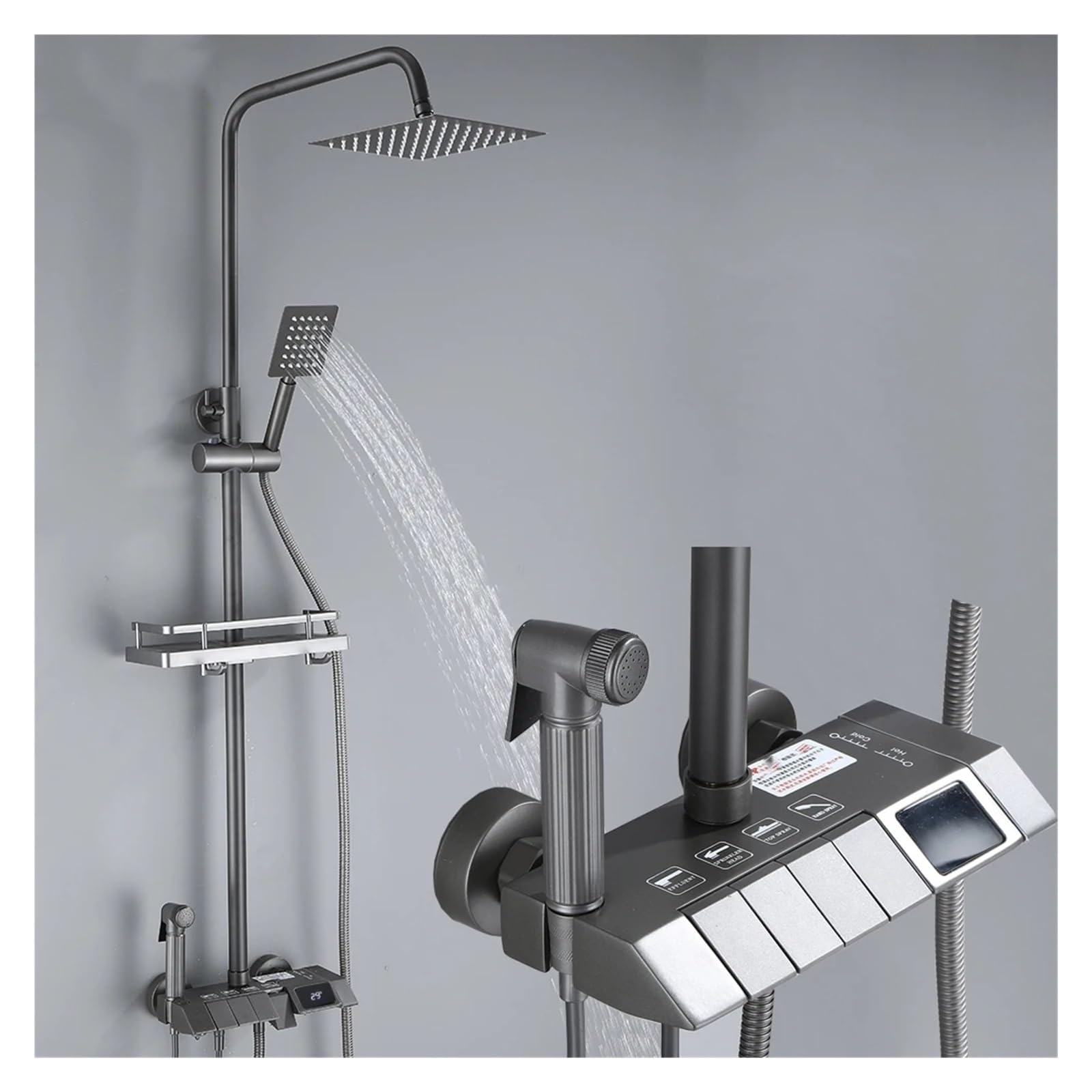 Kits de douche gris en laiton à affichage LED pour salle de bains moderne