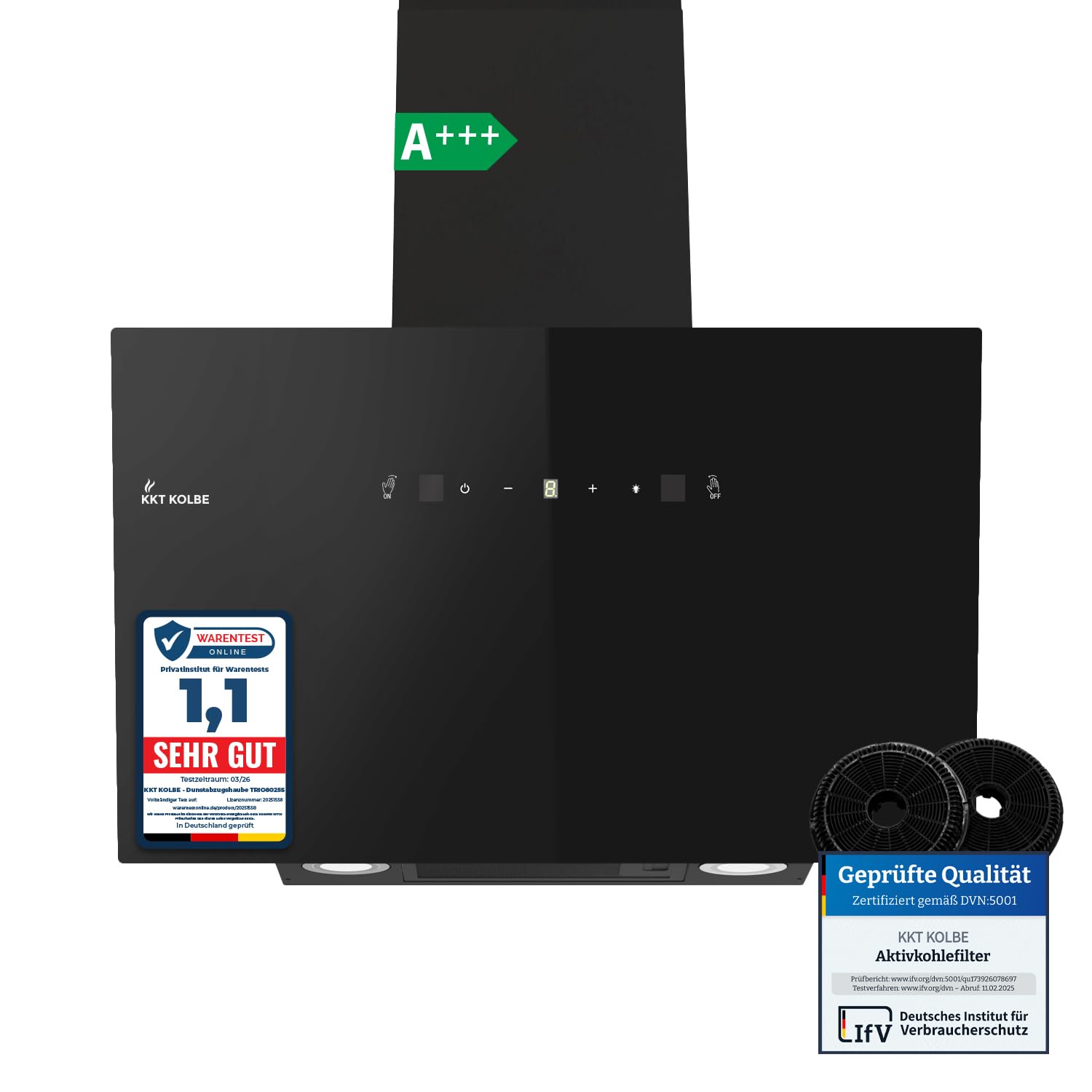 KKT KOLBE Dunstabzugshaube 80cm | Umluft Abluft | 782cbm/h | Wandhauben Kopffrei | Schwarz | Glas | Gestensteuerung | SensorTouch Bedienung | LED-Beleuchtung | TRIO8025S