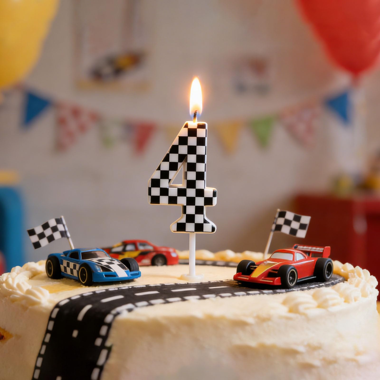4 Racing Theme Birthday Candle - Party Candles for Kids with Checkered Flag Design, Black and White Racing Party Supplies