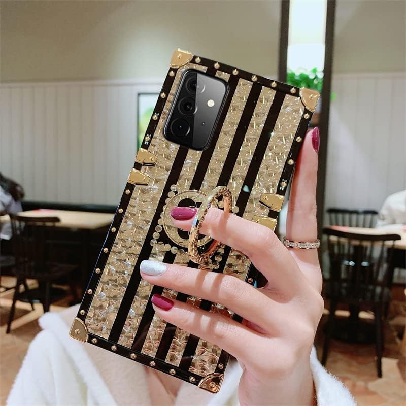 Image of for Samsung Galaxy S23 Ultra 5G Trunk Case Luxury Box for Women Girls Design Gold Glitter Bling Cute Flower Pattern Soft Cover with Finger Ring Grip Kickstand Fancy Phone Skin,Gold