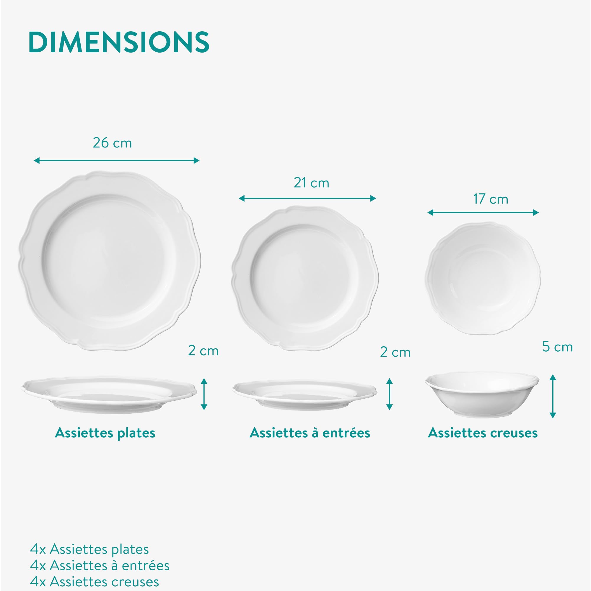 Navaris Assiettes Service de Table 4 Personnes - Ensemble Service Vaisselle en Porcelaine Blanc - Lot avec 4x Assiette Plate 4x Assiette Creuse et 4x Bol - Set Services de Table Complet