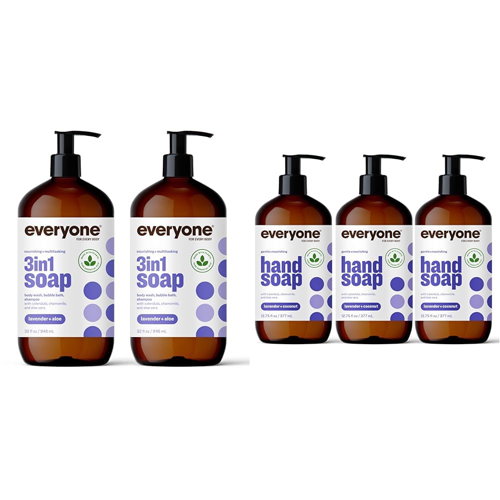 Everyone 3-in-1 Soap Body Wash Bubble Bath Shampoo 32 Ounce Pack of 2 Lavender and Aloe Liquid Hand