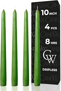 10 inch Taper Candles - Set of 4 - Dripless, Unscented and Smokeless - Green Tapered Candle Sticks - Perfect for Dinner - Grass Green Candles