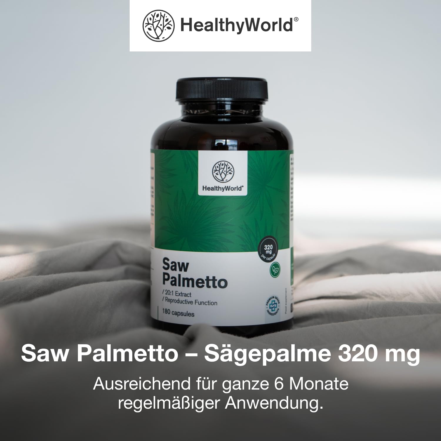 HealthyWorld Saw Palmetto – Sägepalme mit Zinkzusatz – 20:1 Extrakt – 180 pflanzliche Kapseln – Unterstützung für die Prostata – XXL-Packung – Für 6 Monate