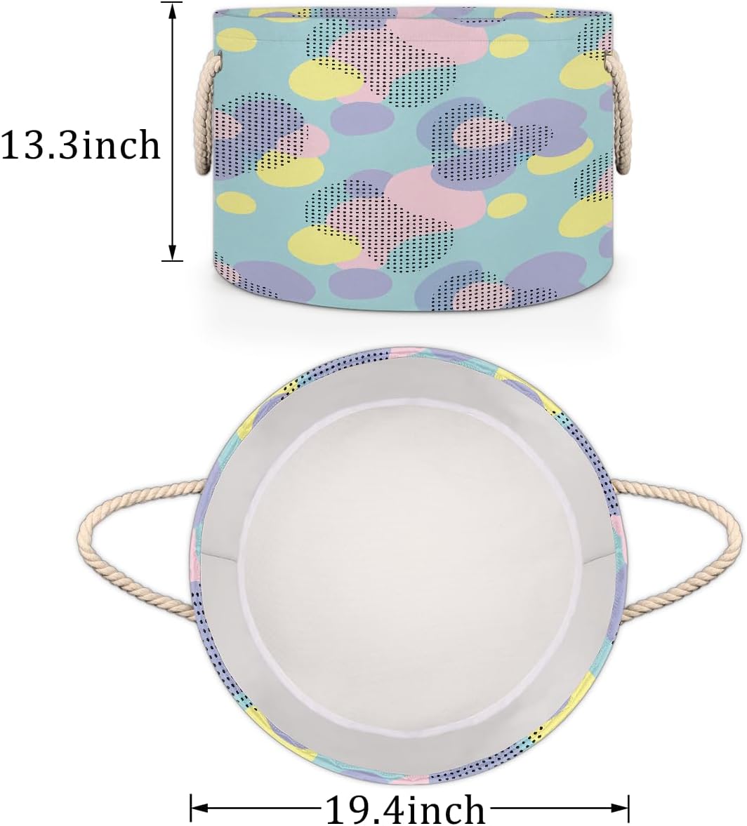 Large Storage Baskets - Pastel Geometric Dots Nursery Round Collapsible Organizer Bin Box, Laundry Hamper for Kids Toys, Blanket, Bedroom Living Room Home Decor, Gift Basket, 19.4"x13.3"