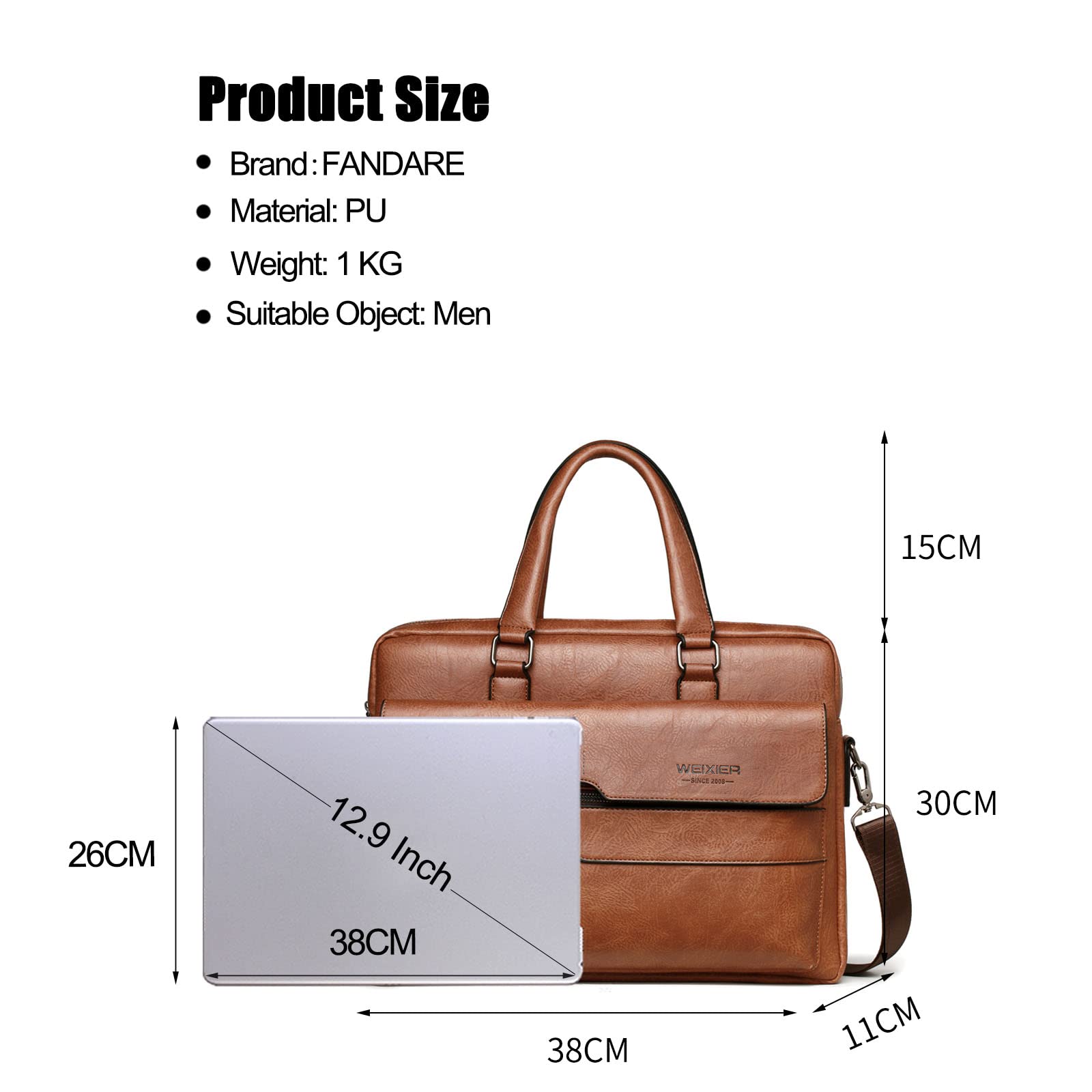 FANDARE Homme Mallettes PU Cuir Sac à Bandoulière Affaire Sac à Main Sacoche 12.9 Pouces Sac Cabas Sac à Bandoulière Sac de Cours Sacs à Main portés épaule pour Collège Cours Voyage Brun Clair