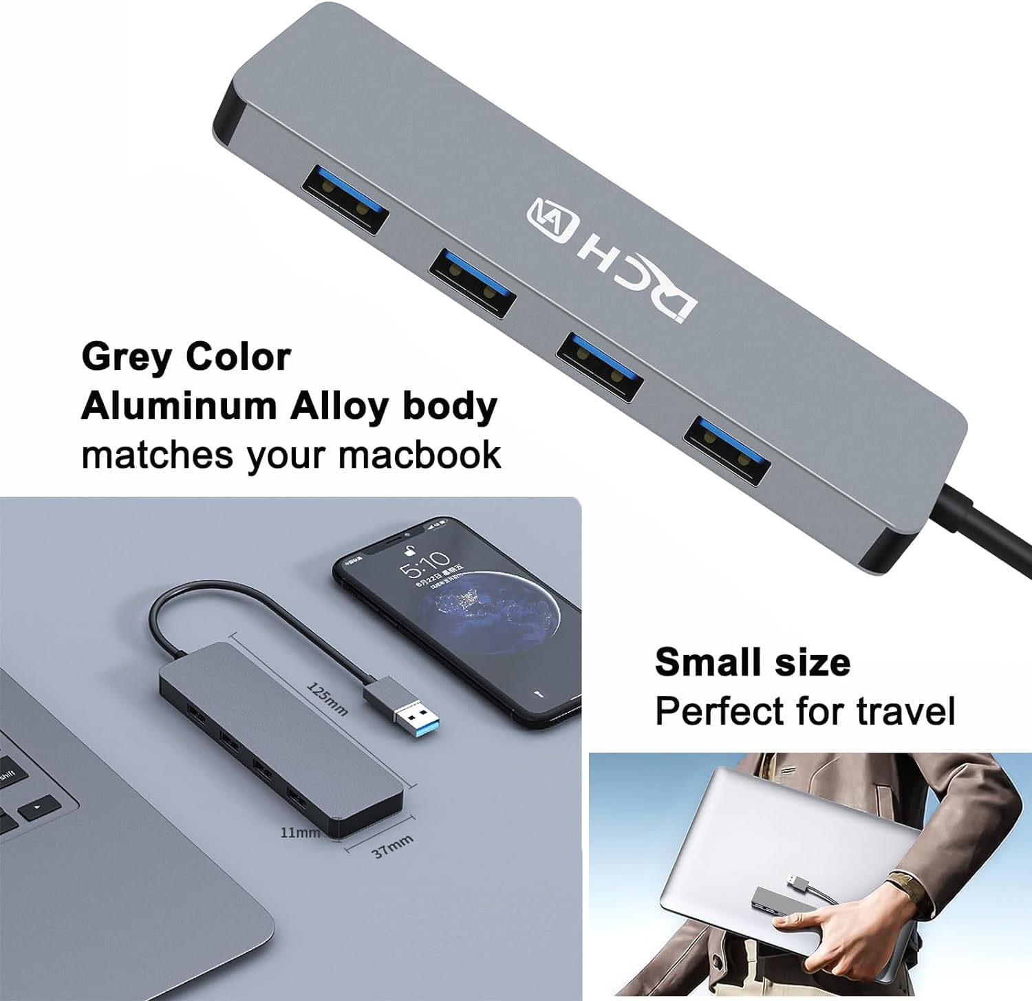 DCHAV Hub USB de 4 puertos, concentrador USB 3.0 multipuerto para computadora portátil, divisor USB múltiple 1 en 4 salidas expansor para teclado, mouse, unidad flash, impresora compatible con