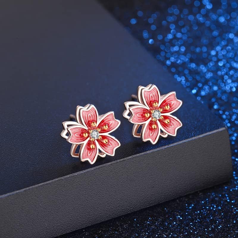 14K Rose Gold Flower Stud Earrings for Women,Dainty Rotatable Sakura Floral Earrings with Moissanite,Fashion Jewelry Gift for Her - Image 4