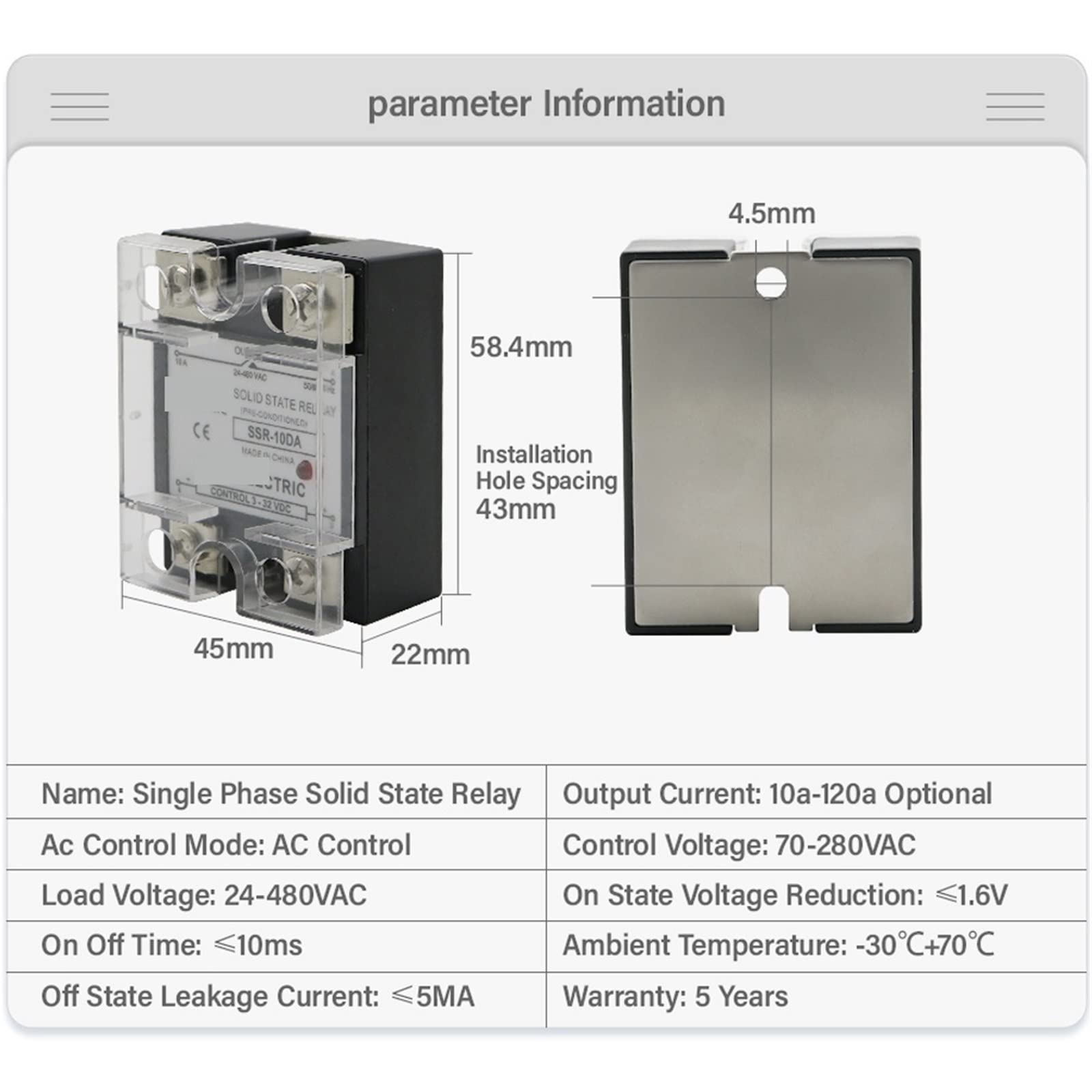SSR-25AA SSR-40AA SSR 60A 120A Modulo relè a stato solido monofase Ingresso AC70-280V Uscita AC24-480V Controllo temperatura PID 1 pz(10A)