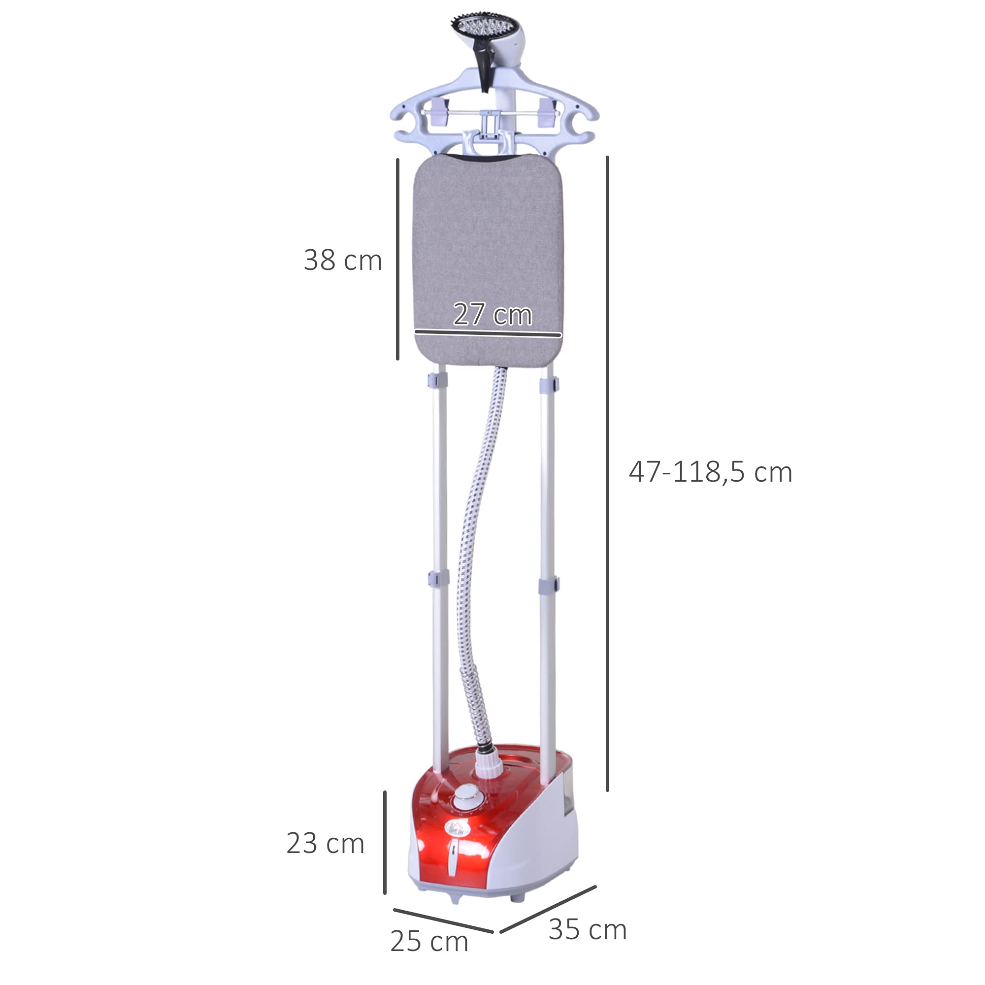 HOMCOM Défroisseur Vapeur Vertical 1950 W 32g/min Autonomie 45min Rouge | Réservoir d'Eau 2 Litres, Tige Télescopique, Fer Vertical, 11 Températures Réglables, Prêt en 38s, Planche et Cintre Fournis