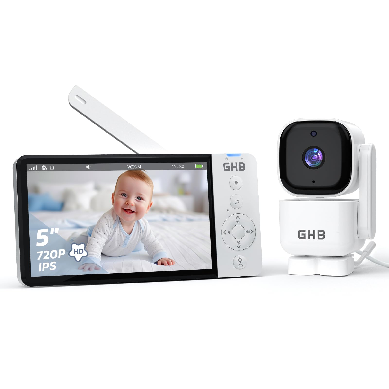 GHB Babyphone mit Kamera 5 Zoll 720P HD Display mit bis zu 168h Akkulaufzeit im VOX Bewegungserkennung Split-Screen-Anzeige Nachtsicht 4X Zoom Schwenkbar