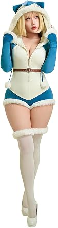 Mobbunny Women Anime Derivative Onesie Pajamas Fluffy Bodycon Hooded Romper Homewear with Belt