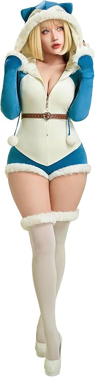 Mobbunny Women Anime Derivative Onesie Pajamas Fluffy Bodycon Hooded Romper Homewear with Belt