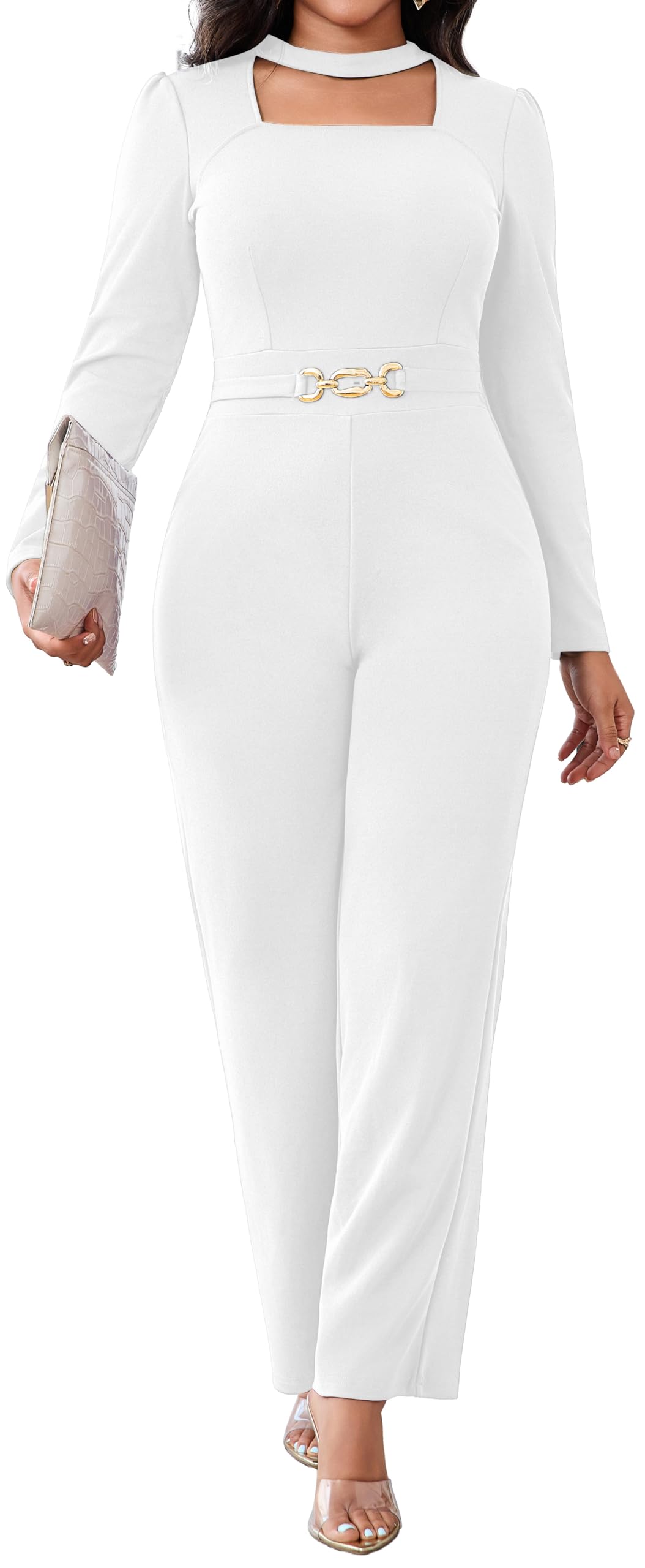 SeNight Tute scintillanti da donna sexy a maniche lunghe eleganti collo a lupetto pantaloni lunghi dritti lucidi pagliaccetti abiti da notte da discoteca, bianco, Large