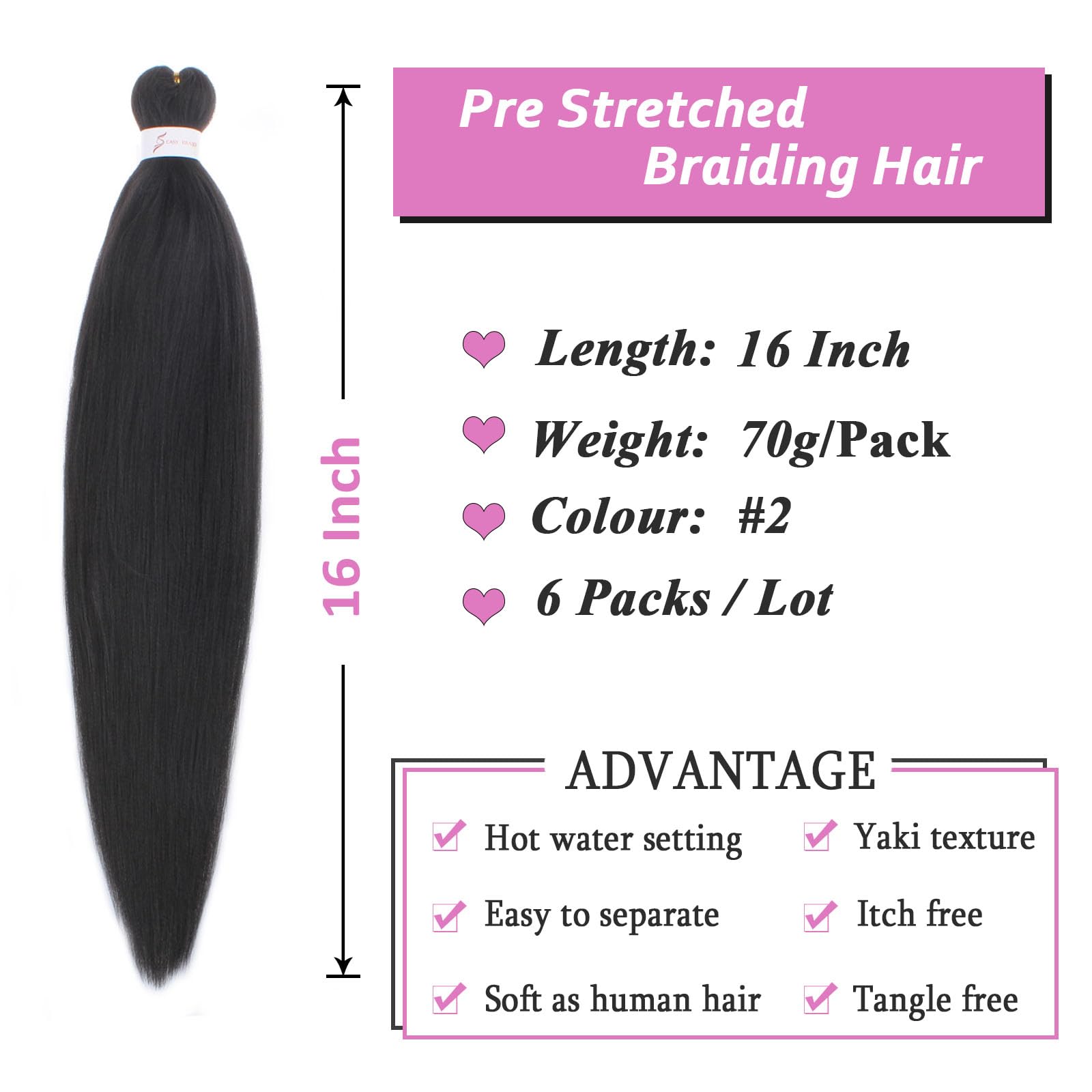 Samtress Pre Stretched Braiding Hair 16 Inch Black Professional Easy Crochet Braids 6 Packs Hot Water Setting Soft Synthetic Braiding Hair Extension for Twist Box Braids Senegalese Crochet Hair (#2) - Image 2