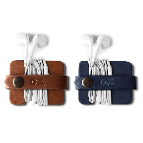 DailyObjects Flake Cable Wrap for Cables/Chords/Wires | Wire Winder, Headphones Holder, Mini Clip Organiser | Made, Dry-Milled Leather | (Blue and Brown) - Set of 2