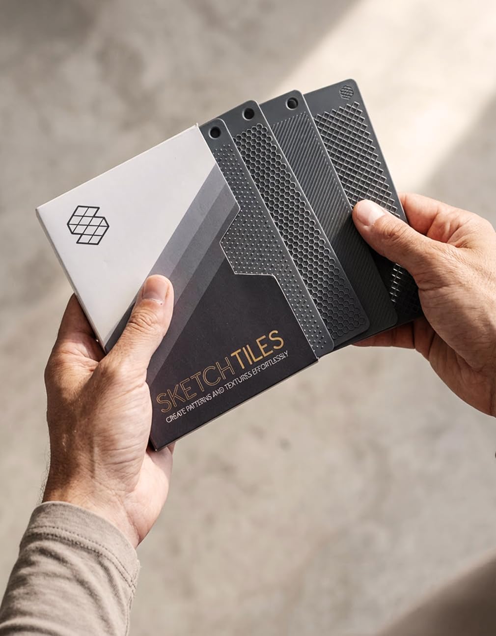 SketchTiles Essentials 4-Pack - Texture Stencils for Sketching, Design Drawing Templates, 8 Patterns - Hexagon, Dot Grid, Crosshatch, Diagonal Lines, Hatching, Frottage Texture Plates, A6 size