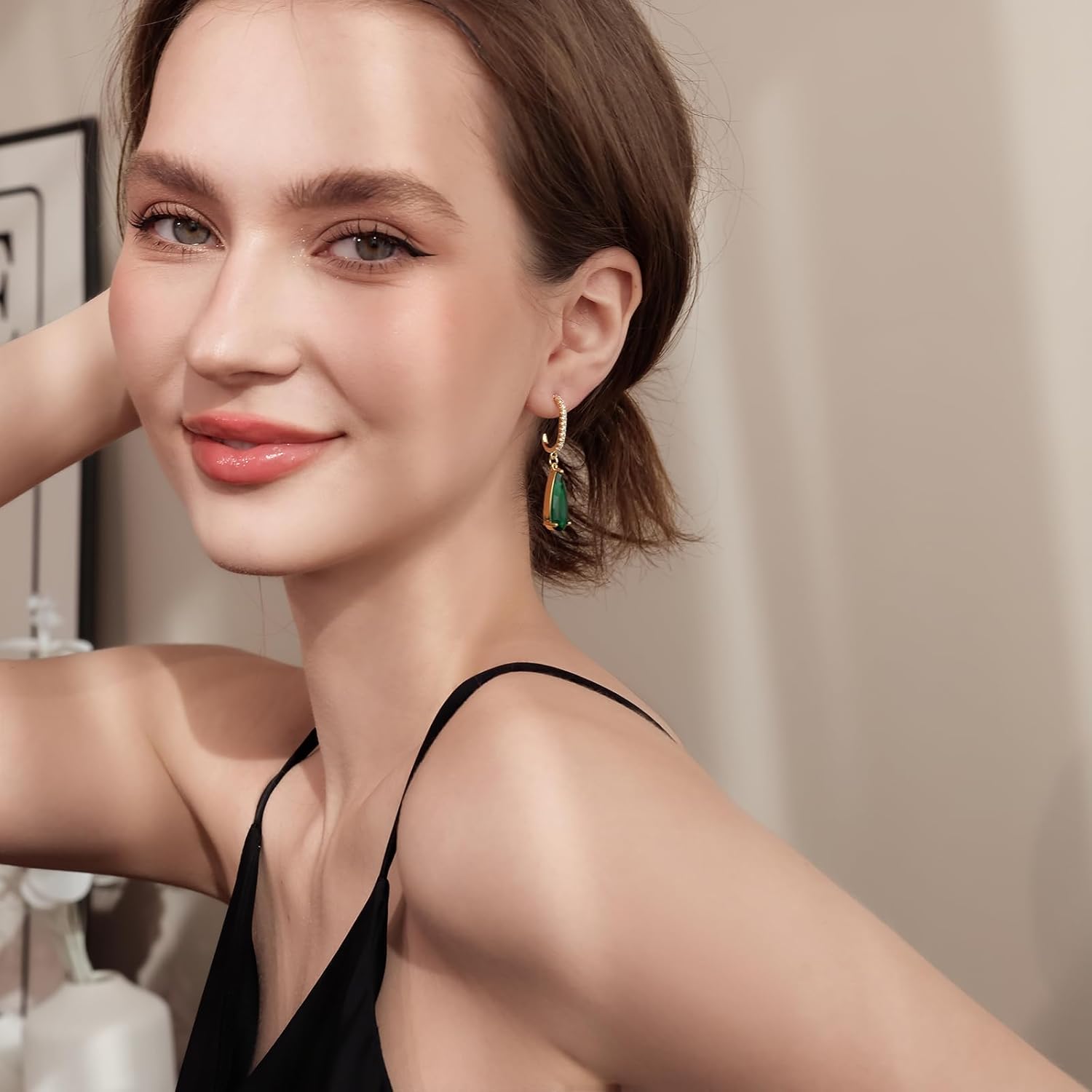 Vintage Emerald Green Teardrop Earrings,925 Sterling Silver Posts & 18K Gold-Plated Brass Drops,Cubic Zirconia Dangle Earrings for Women - Image 3