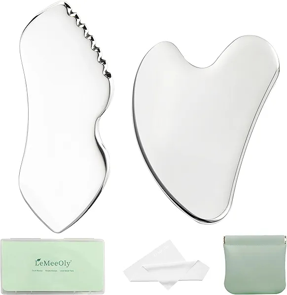 LeMeeOly 2Pcs Gua Sha Facial Tools Stainless Steel, Detailer GuaSha Set for Face Neck, Natural Skin Care Metal Gua Sha Lymphatic Drainage Face Massage Tool, Gift for Women