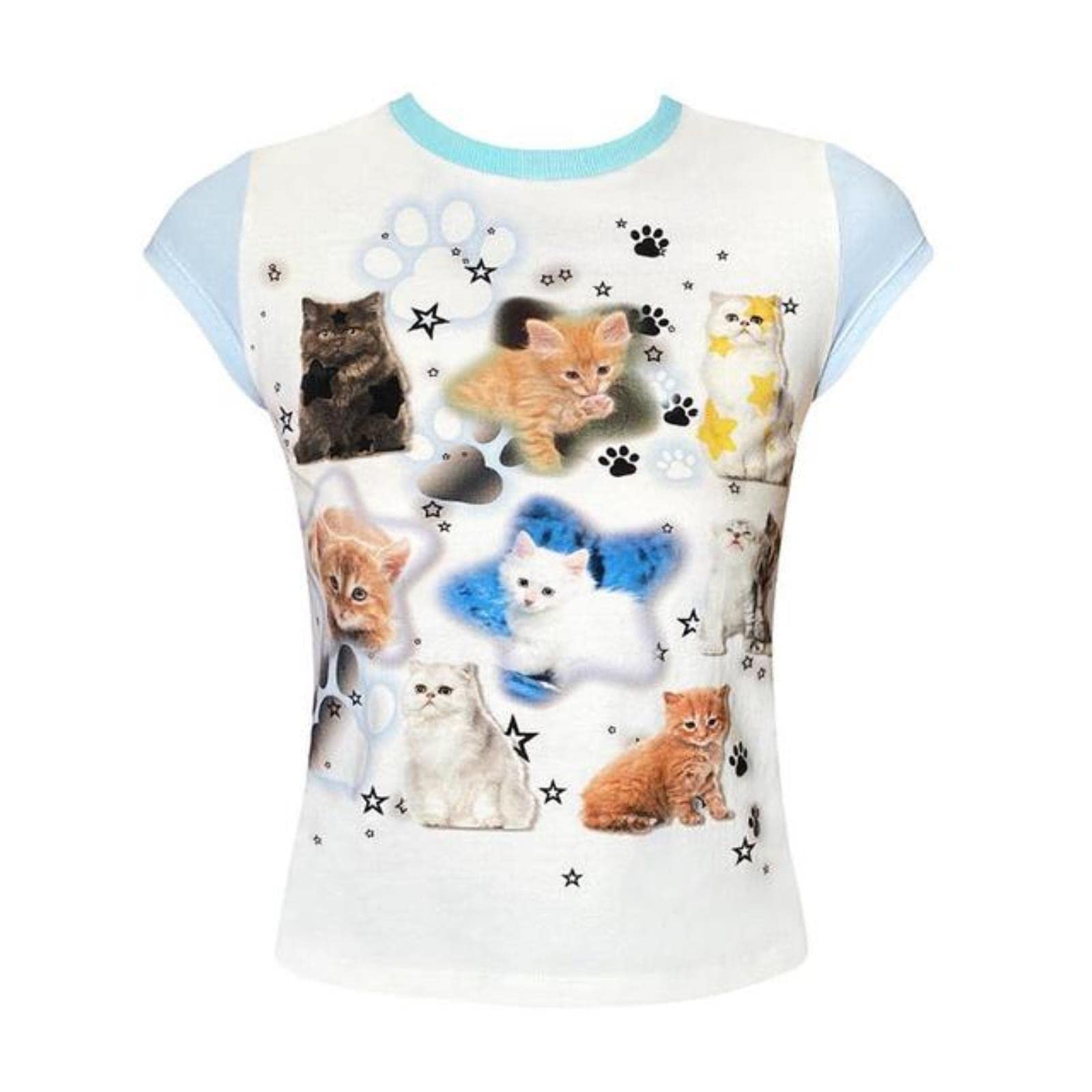 DIANN Y2k Aesthetics Tops Harajuku T-shirt 2000s Kawaii Cat Print Short Sleeve Tee Shirts-as photo,M