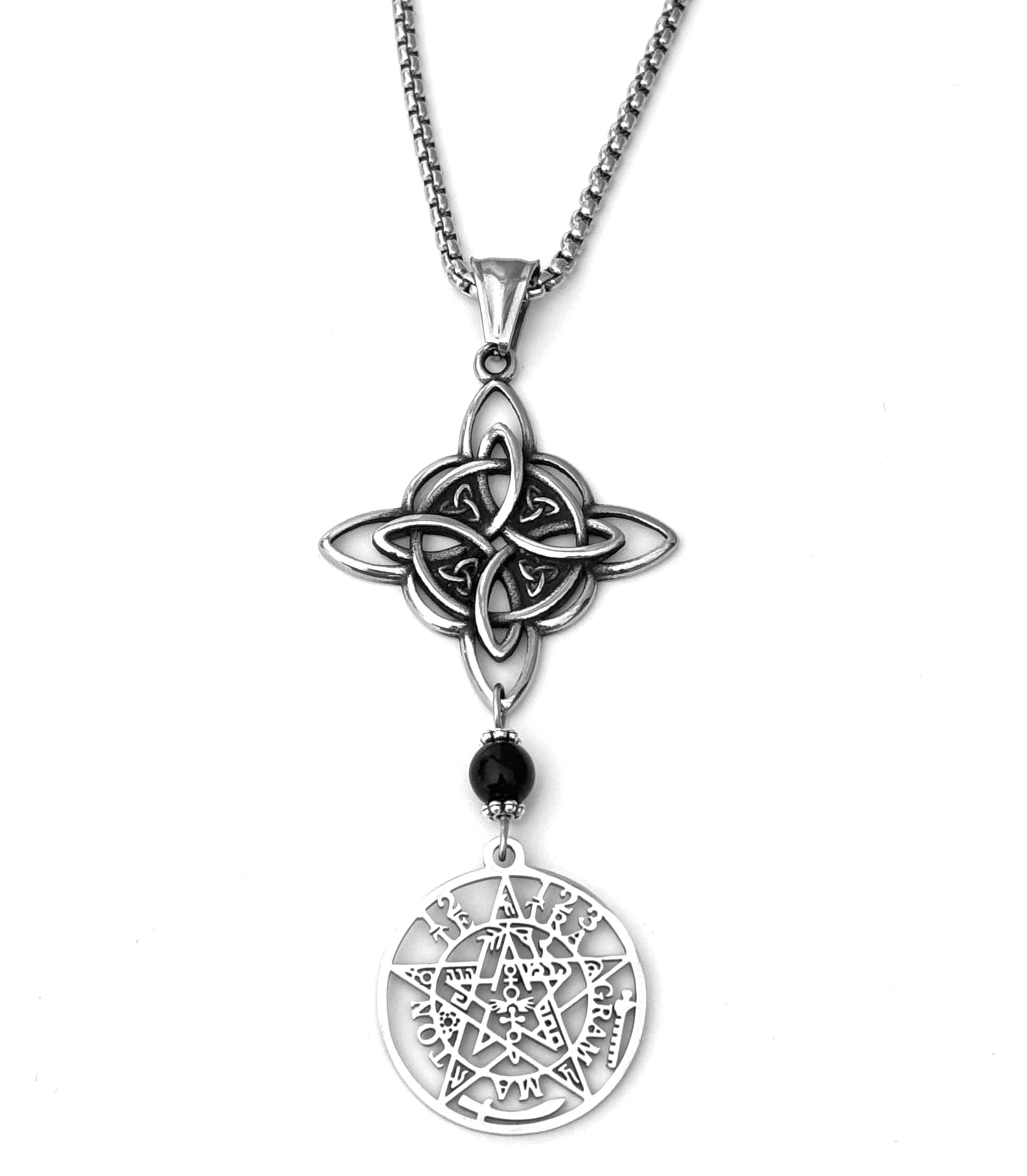 Simboliks Colgante Tetragrammaton con Nudos de Bruja mineral negro, Amuleto Triple Protección, Acero Inoxidable, Joyería Esotérica para Energía y Protección Espiritual, Regalo Bruja, Obsequio pulsera