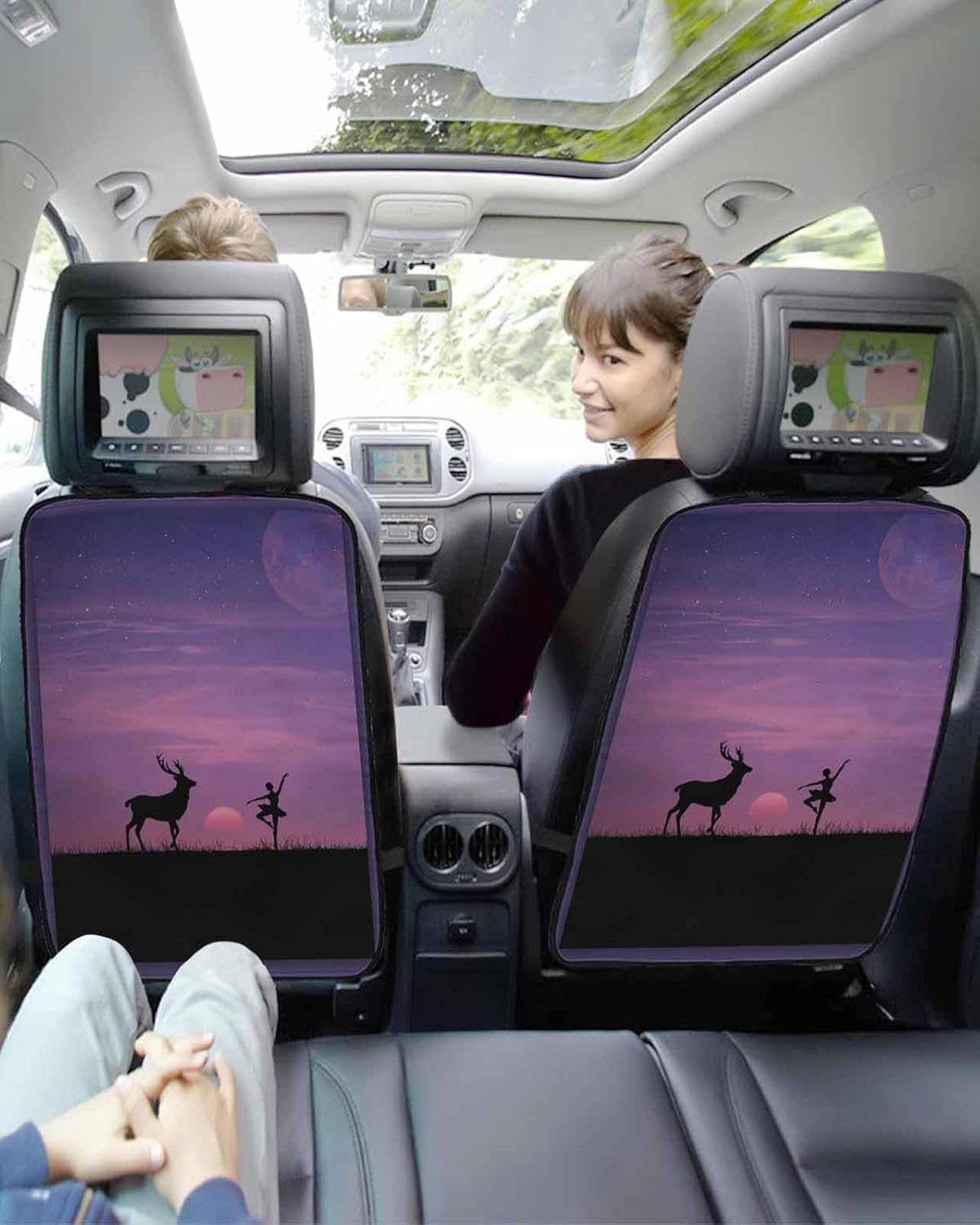 Car Seat Protector, 2 Pack Kick Mats with Organizer - 3 Pocket Storage, Purple Starry Sunset Girl Dancing Deer Silhouettes Back Seat Cover for Kids Universal Fit Automotive Interior Protectors