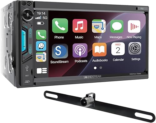 Soundstream Estéreo de Coche Doble DIN VRCPAA-7DRM – Unidad principal Apple CarPlay y Android Auto de 7 pulgadas, estéreo Bluetooth para coche, AUX,