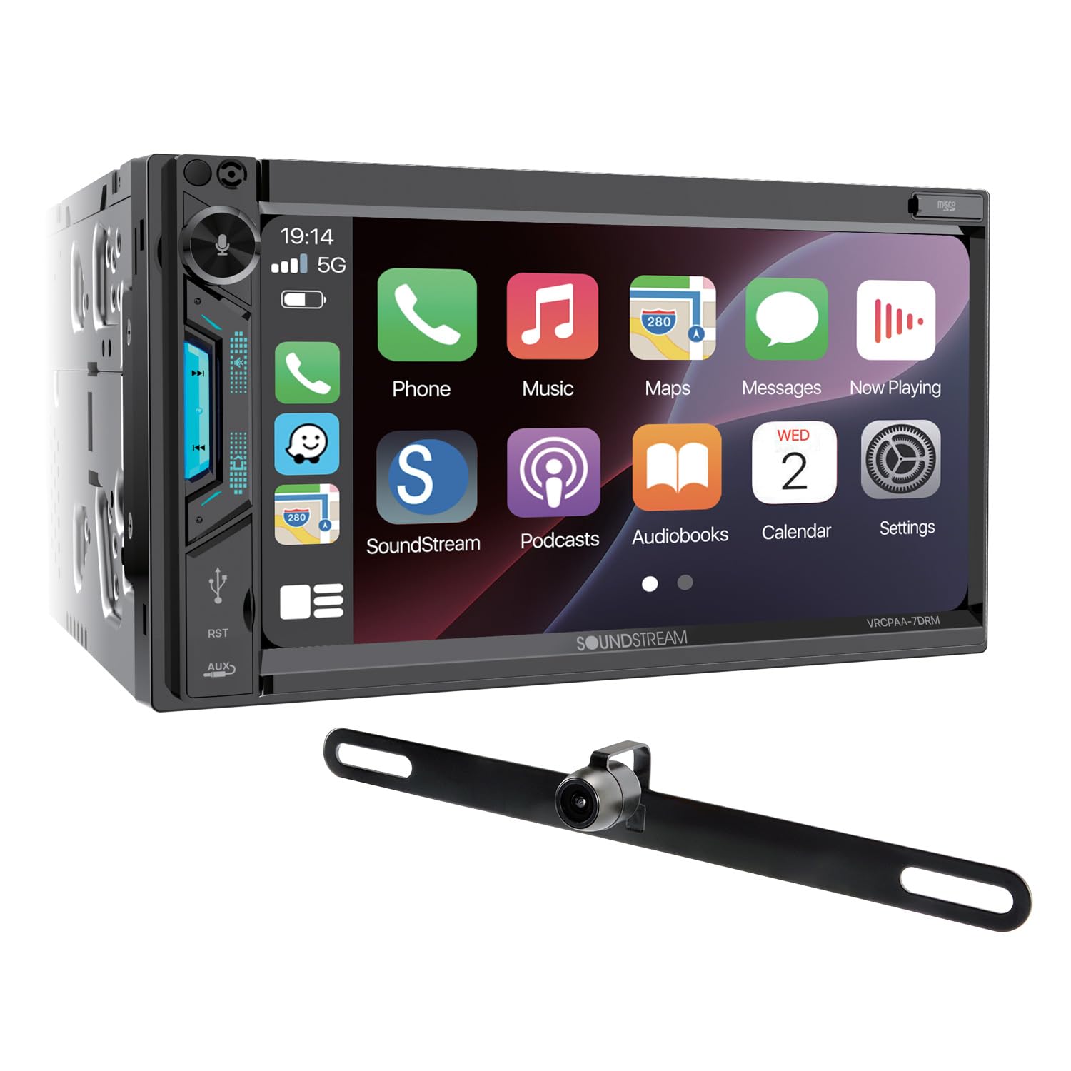 - Soundstream VRCPAA-7DRM 7” | Digital Media Receiver, Wireless Apple CarPlay® & Android Auto® Double Din Car Stereo, HD Touchscreen, Bluetooth | USB/microSD Playback | Camera Inputs + Backup Camera