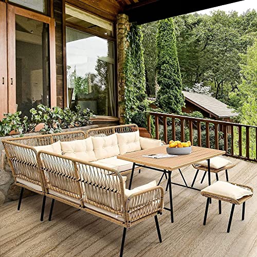 LOCCUS 5-Piece Outdoor Patio Furniture Set | Rope Sofa with Cushi...