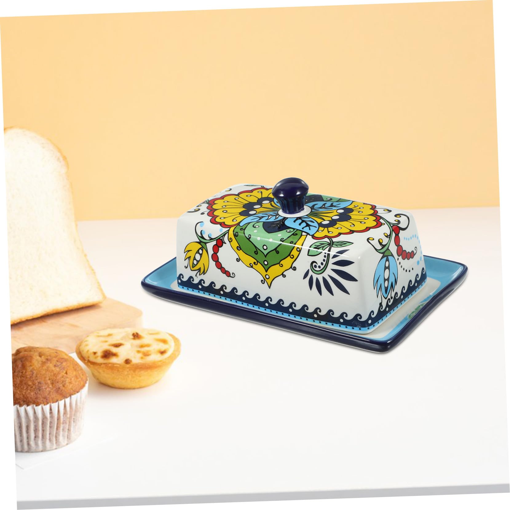 Beurrier en Céramique avec Couvercle Bleu, Style Européen Élégant, Solide Présentation à Table Présent Raffiné