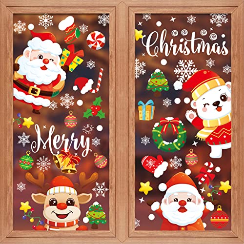 JUYANO Pegatinas de Navidad,8 Hojas de Pegatina Navidad para Ventanas Puerta Pared Vidrio Escaparates,Decoracion Navideña Reutilizable de PVC,Copos De Nieve Reno papá Noel Decoración Navideña de Hogar