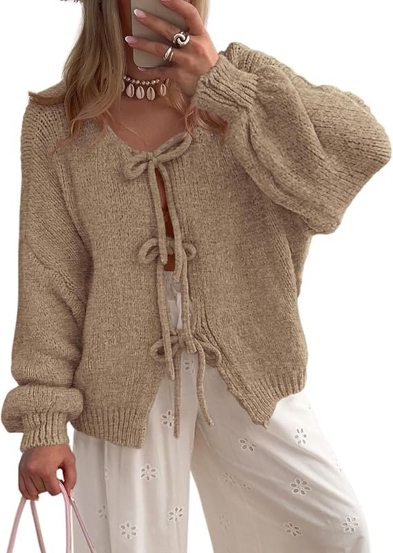 Womens Tie Front Bow Cardigan Sweaters Casual Chunky Knit Long Puff Sleeve Trendy Jacket Coats Fall Winter Clothes