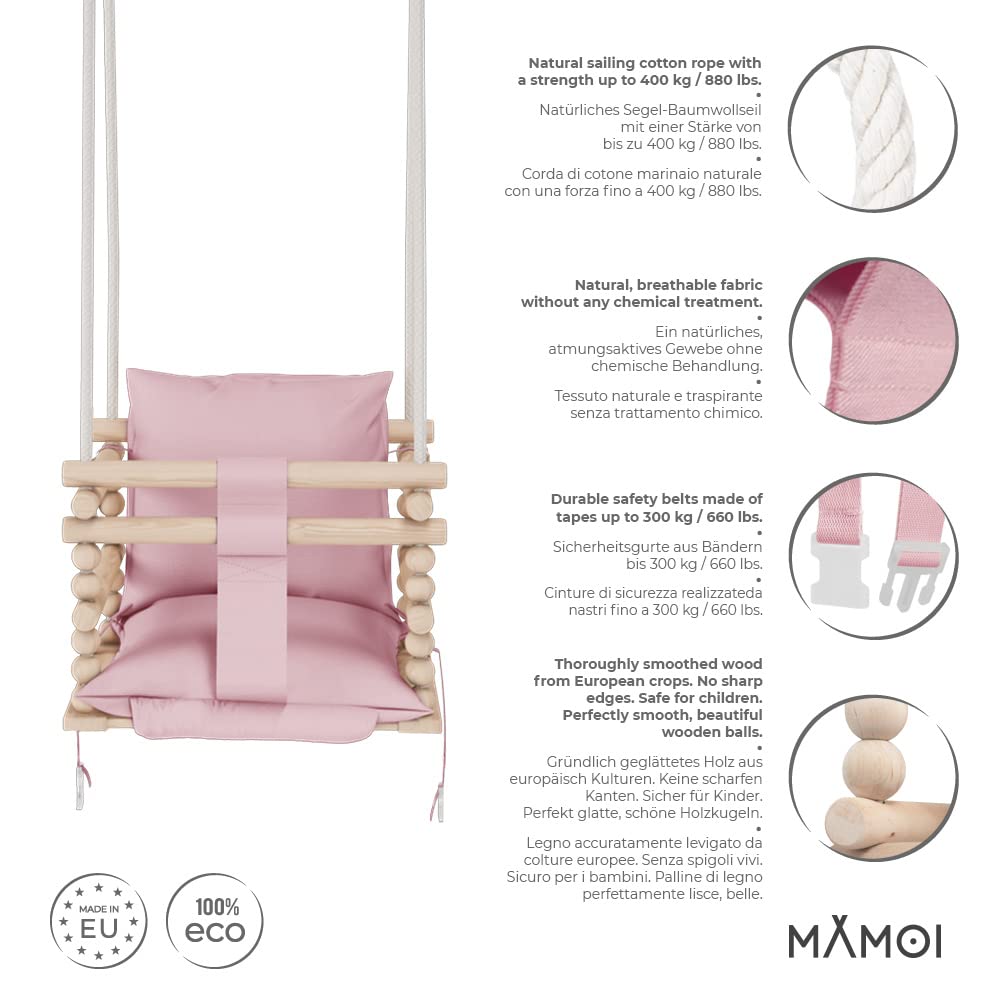 MAMOI® Babyschaukel, Schaukel Indoor und Outdoor, Holzschaukel für Baby und Kinder, Kinderschaukel, Schaukeln aus Holz, Kleinkinderschaukel für kinderzimmer und türrahmen, 3 in 5