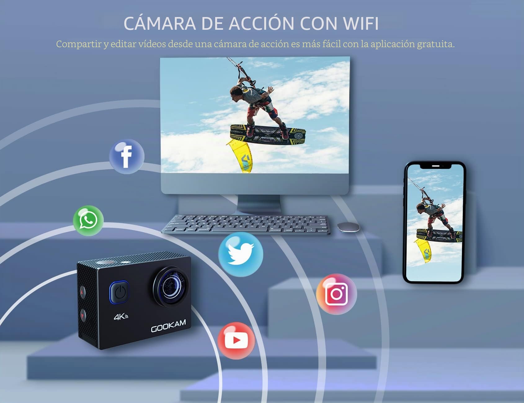Cámara Deportiva 4K WiFi 20MP Ultra HD Cámara Acción Sumergible 40M Camaras Acuática 170° Gran Angular 2.4G Remoto y Micrófono Externo con 2 Baterías de 1050mAh y Accesorios Multiples-GO 2