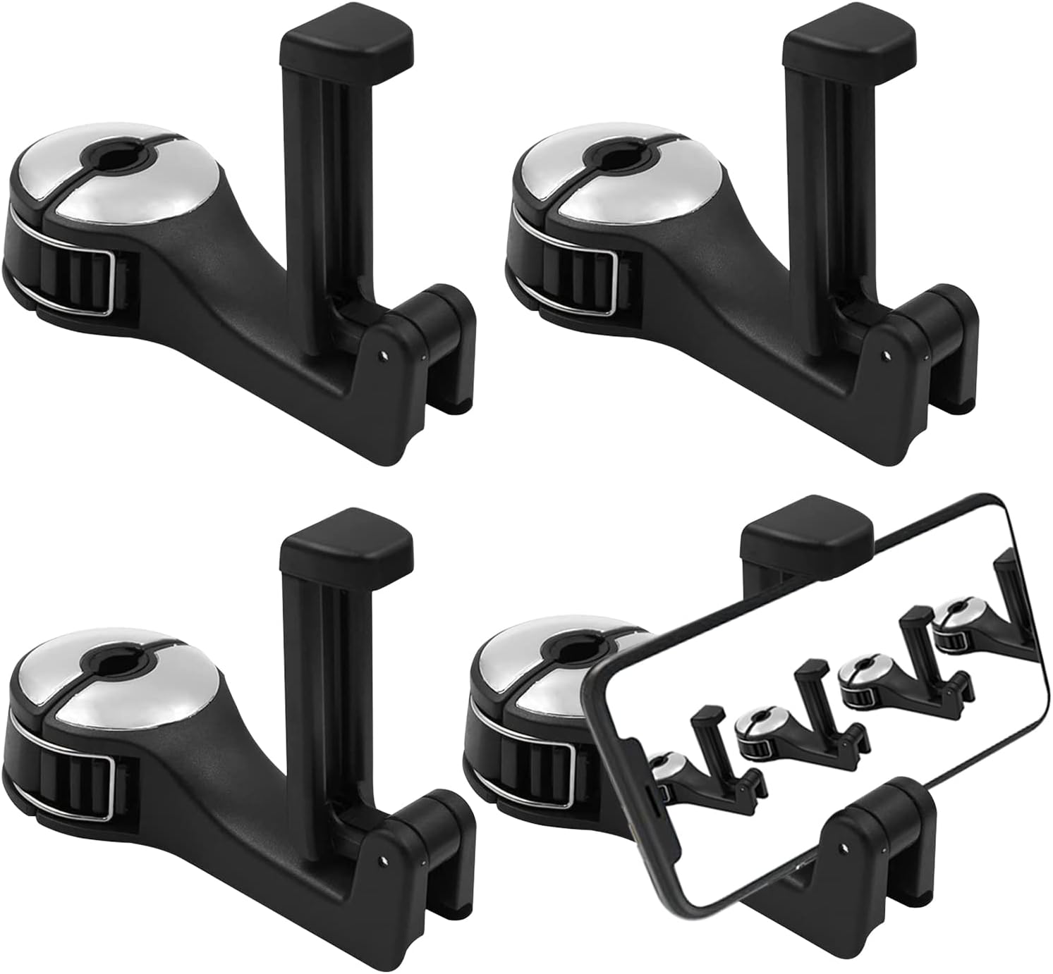 4 Pack Car Hooks with Phone Holder, Car Seat Hooks for Purses and Bags