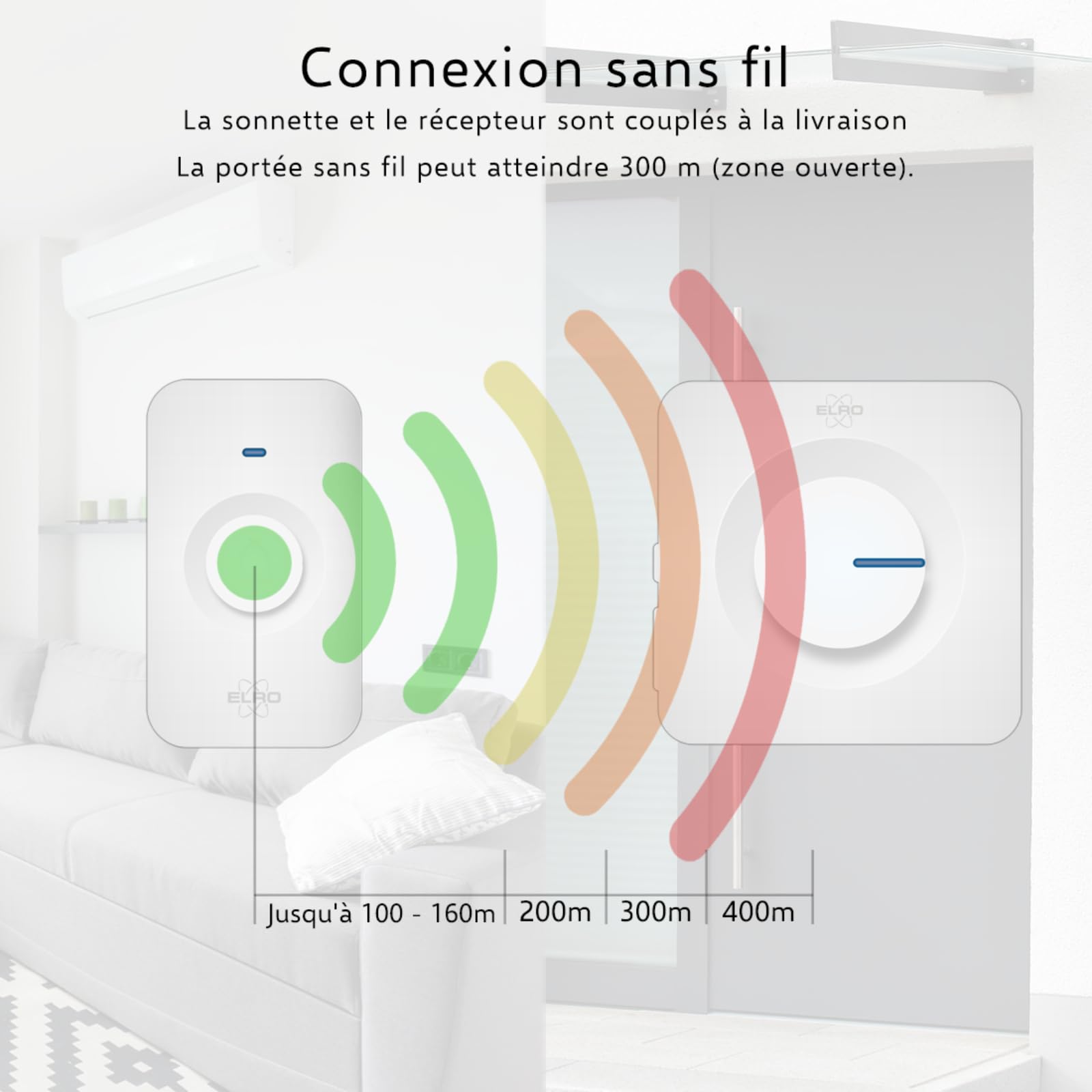 ELRO DB3000 Sonnette de Porte sans Fil - avec 2X récepteur à Piles - 64 Mélodies - Distance sans Fil : 300m - Blanc