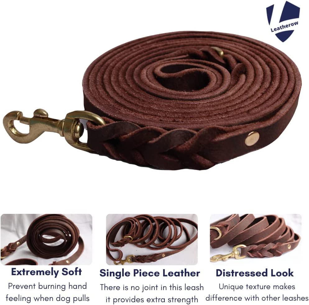 Amazon.com : Leatherow 10 FT Braided Full Grain Leather Dog Leash, Heavy  Duty Long Training Lead for Large Medium Small Dogs, Soft Strong Leather  Leash for Walking, Hiking, Obedience Control (Dark Brown) :