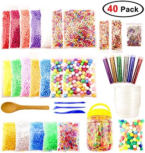 40 Packs Slime Making Kit Including Foam Balls, Fishbowl Beads, Slime Storage Containers, Fruit Slices, Glitter Shake Jars, Loom Bands, Pom Pom Balls, Slime Tools and Bamboo Spoon, DIY Art Craft
