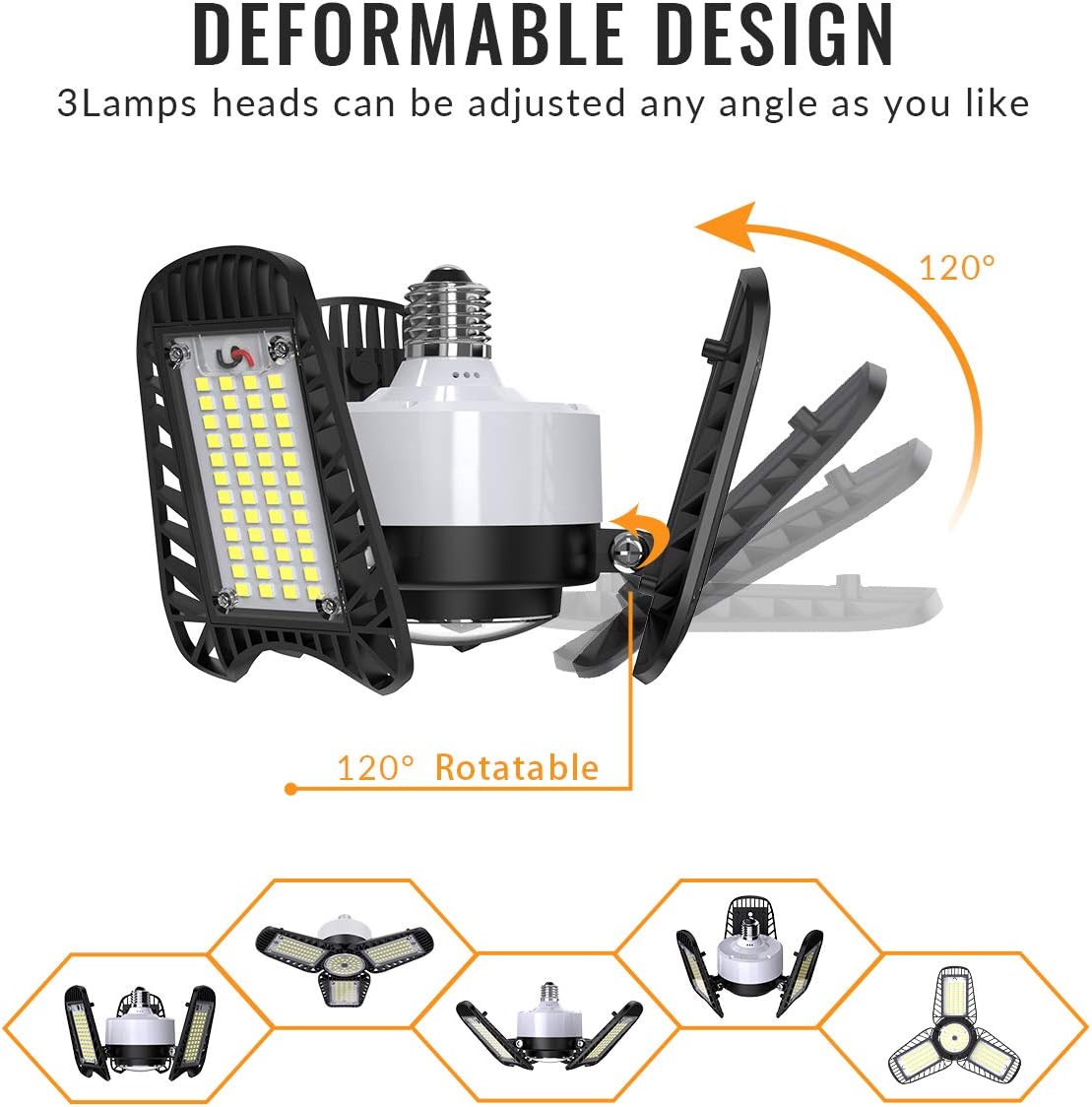 LED Garage Lights, 80W Garage Lights 9600LM 6000K E26 LED Garage Light Bulb,Deformable LED Garage Ceiling Lights with 3 Adjustable LED Panels Fits for Garage, Warehouse, Workshop and Basement.