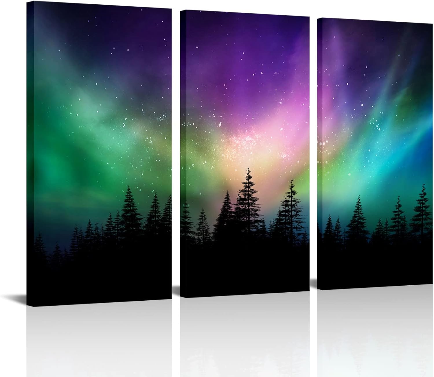 Innopics Northern Lights Wall Art Green Aurora Starry Home Decor Forests Landscape Pictures Photography Canvas Prints Art for Living Room Bedroom Offices 12" W x 24" H x3PCS