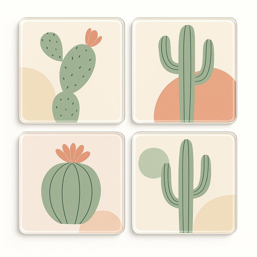 The Plum Penguin Oasis Modern Bloom Acrylic Coaster Set Of 4 With Botanical Cactus Art - Mid-Century Modern Home Decor For Plant Lovers