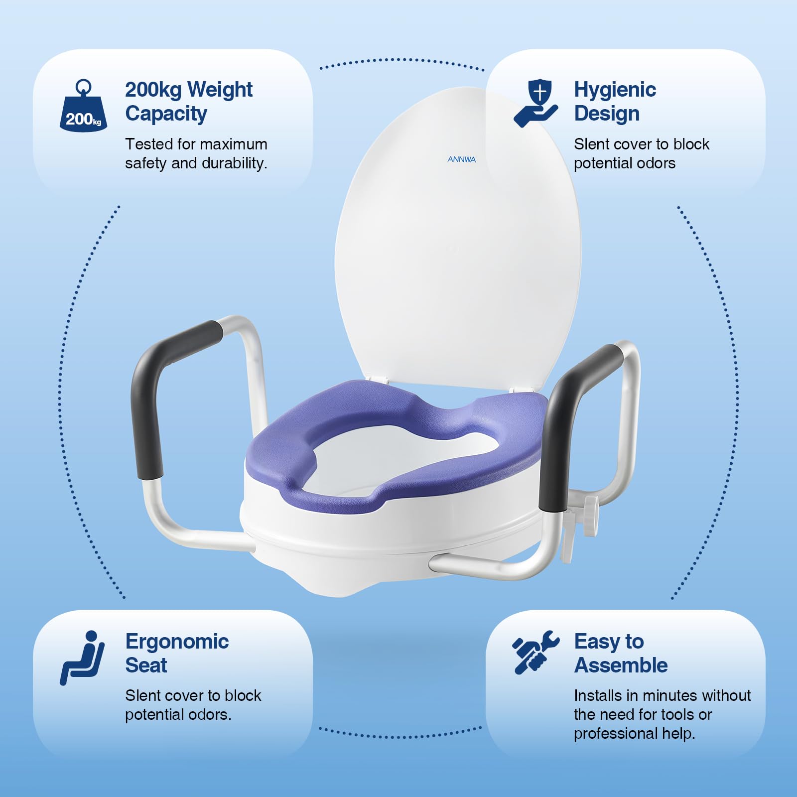 Rehausseur WC Adulte avec Accoudoirs et Couvercle, Siège de Toilette Surélevé 10 cm, Rehausseur Toilette Adulte avec Poignées Rembourrées, Charge 200 kg, Toilette Post Opératoire (N1FYT16)